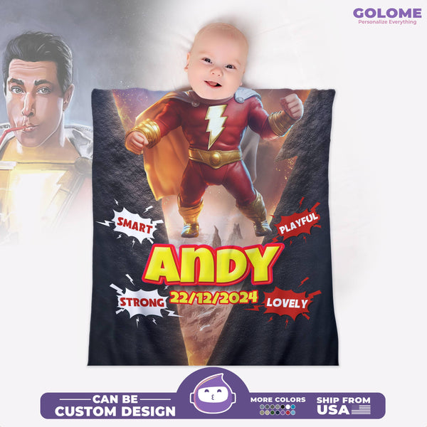 Personalized Baby Superhero Blanket – Shazam Style | Custom Name, Date & Background | Soft Fleece 30"x40"